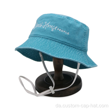 Påfuglblå vasket bomuldsbroderi spand hatte